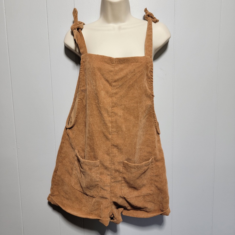 Shein Women Tan Corduroy‎ Tie Strap Overall Romper Size S Small Camel Brown Bib